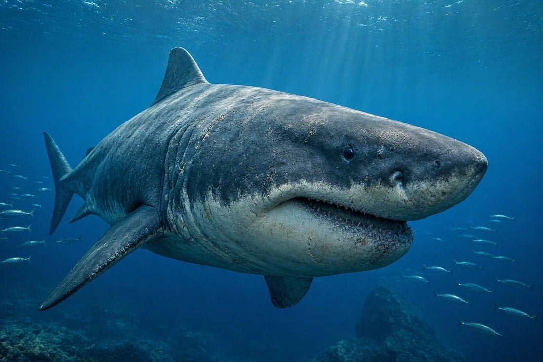 Fotorealistische Rekonstruktion eines gewaltigen Megalodon-Hais im tiefen Urmeer des Miozäns, dargestellt im Stil einer professionellen Unterwasser-Dokumentation.