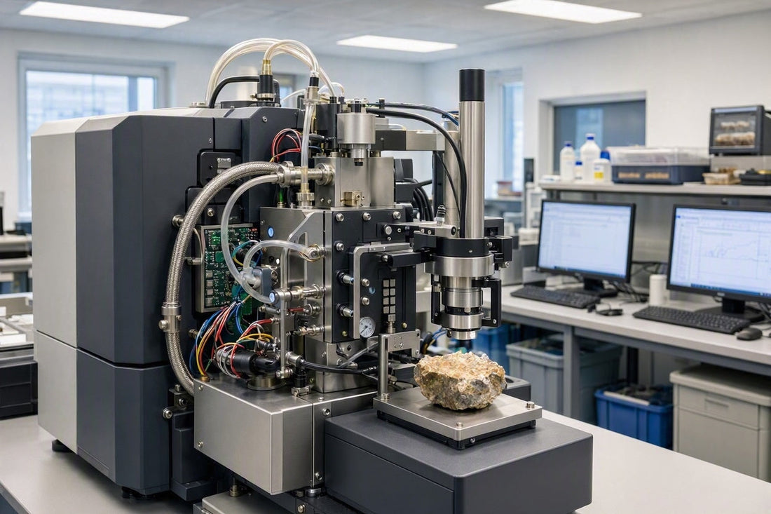 Fotorealistische Rekonstruktion eines modernen geologischen Universitätslabors bei der radiometrischen Altersbestimmung eines Fossilien-Fragments.