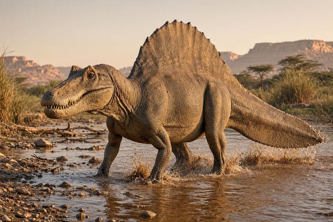 Fotorealistische Rekonstruktion eines Spinosaurus mit markantem Rückensegel, kurzen Beinen und Paddelschwanz in einer marokkanischen Flussoase bei Sonnenuntergang.