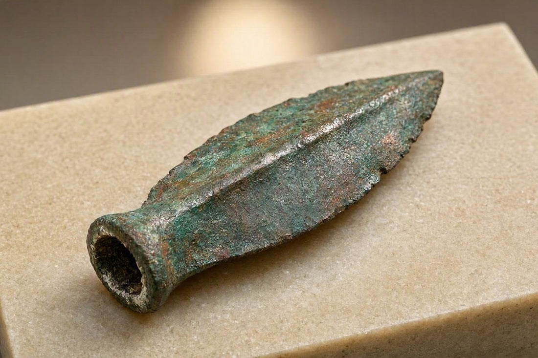 Wissenschaftliche Rekonstruktion einer blattförmigen Kupferspitze aus der frühen Bronzezeit mit einer ausgeprägten Mittelrippe und edler, grün-brauner Minerall-Patina auf einer hellen Steinfläche.