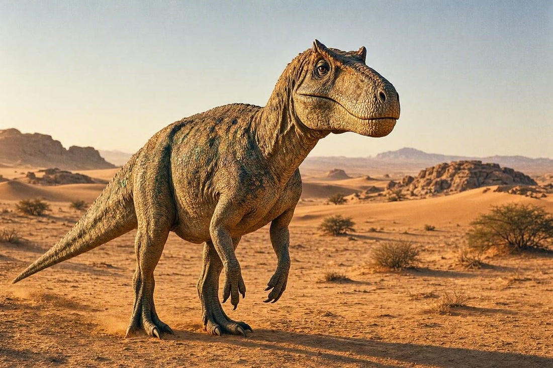 Fotorealistische Ganzkörperaufnahme eines Carcharodontosaurus mit geschlossenem Maul in einer weitläufigen, marokkanischen Wüstenlandschaft bei Tageslicht.