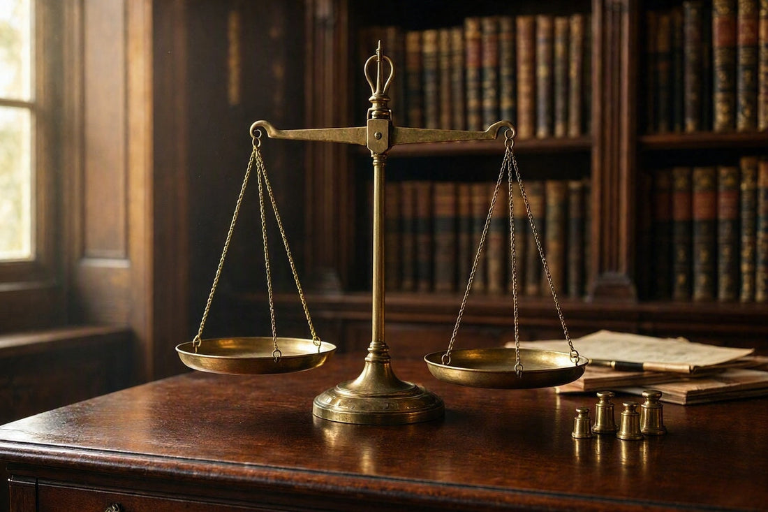 Fotorealistische Rekonstruktion einer historischen Messing-Waage auf einem antiken Schreibtisch in einer Herrenhaus-Bibliothek als Symbol für Wertbestimmung.