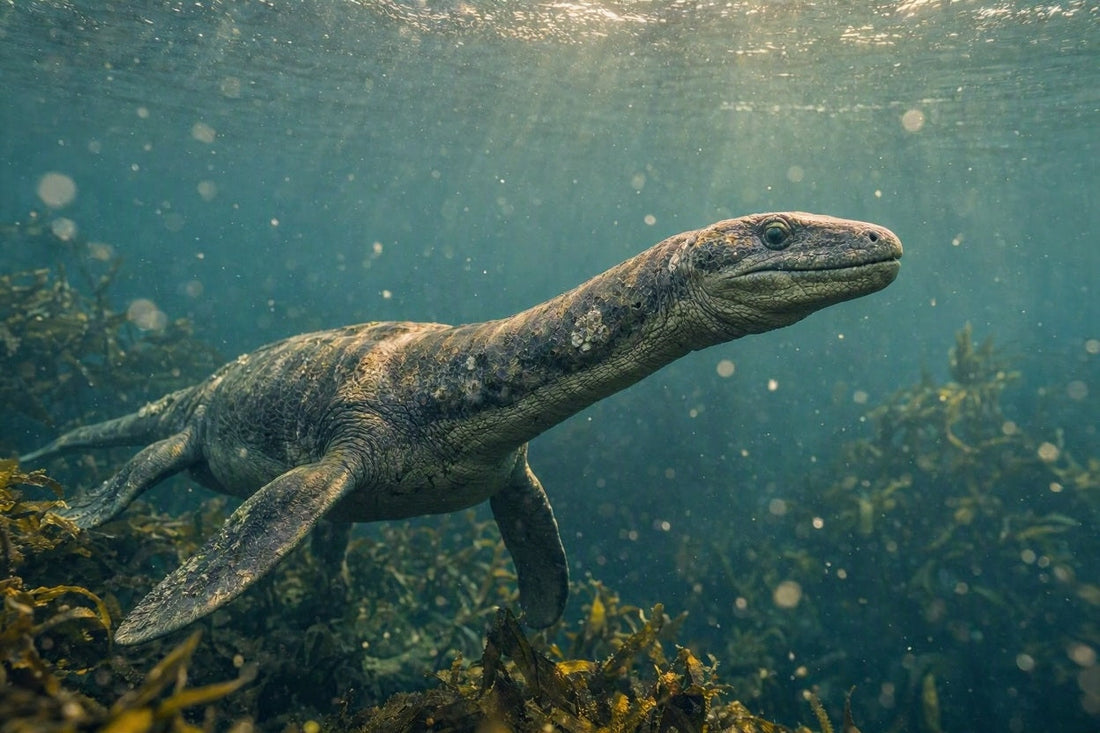Authentische Unterwasser-Fotografie eines erwachsenen Plesiosaurus mit vernarbter Hautstruktur, der durch ein von Sonnenstrahlen durchleuchtetes Algenbett schwimmt.