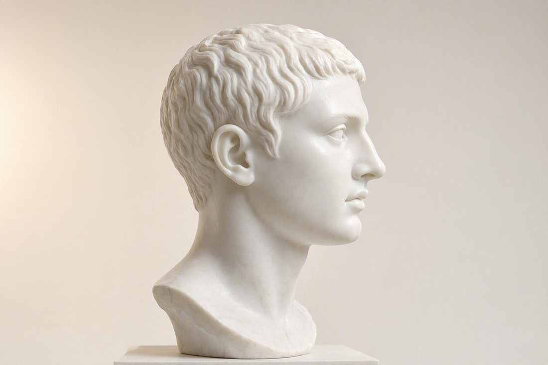 Fotorealistisch hochauflösende, moderne Rekonstruktion einer antiken weißen Marmorbüste von Kaiser Konstantin II. als junger Caesar vor einem hellen, sterilen Studiohintergrund.