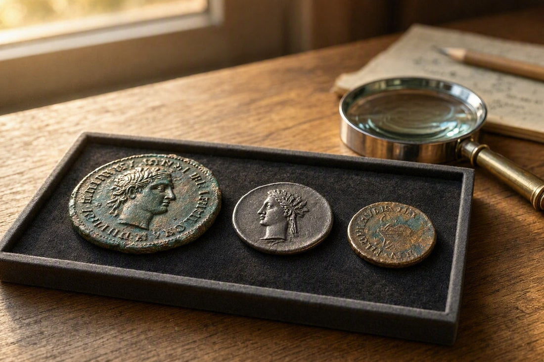 Fotorealistische Rekonstruktion eines numismatischen Sammlertabletts mit drei originalen römischen Münztypen und einer Lupe auf einem antiken Schreibtisch.