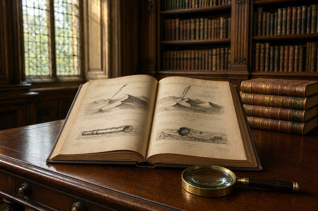 Fotorealistische Rekonstruktion eines aufgeschlagenen, historischen Geologiebuches mit wissenschaftlichen Skizzen zur Entstehung von Fulguriten auf einem antiken Schreibtisch.