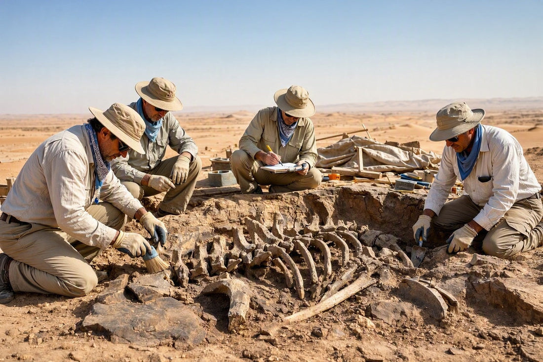 Authentische Fotografie einer paläontologischen Ausgrabungsstätte in der Sahara mit freigelegten Dinosaurier-Fossilien im Wüstengestein