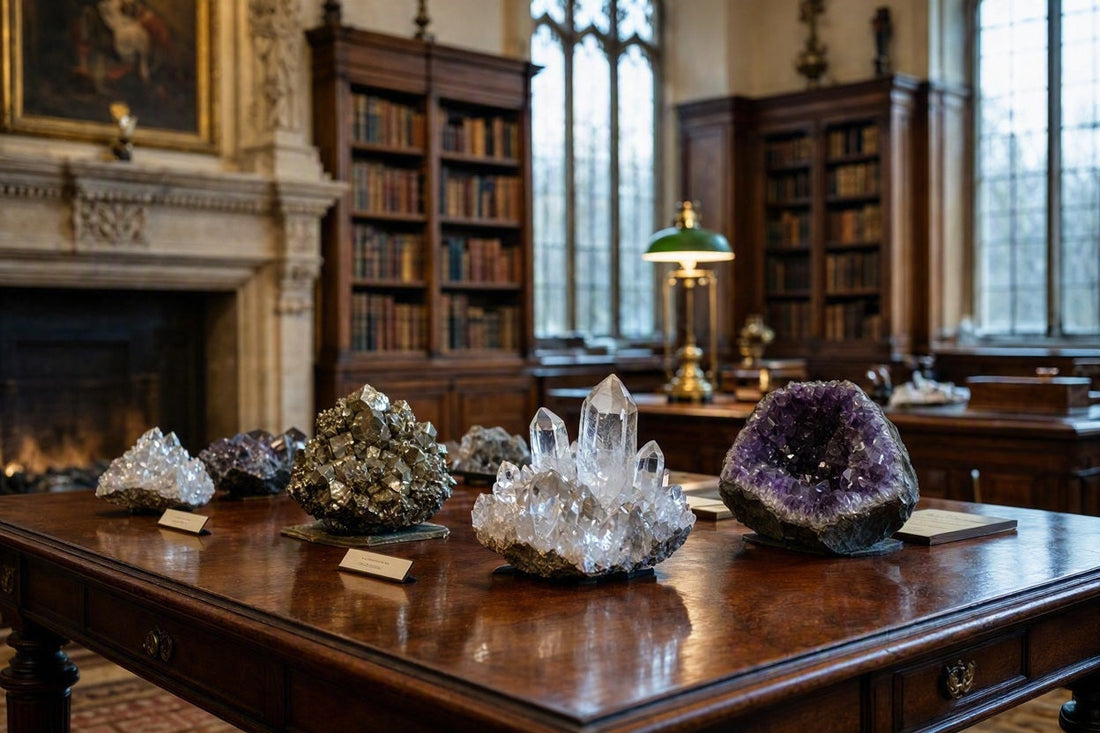 Fotorealistische Rekonstruktion einer exklusiven Privatsammlung von großen, rohen Mineralien und Kristallstufen auf einem antiken Schreibtisch in einer Herrenhaus-Bibliothek.