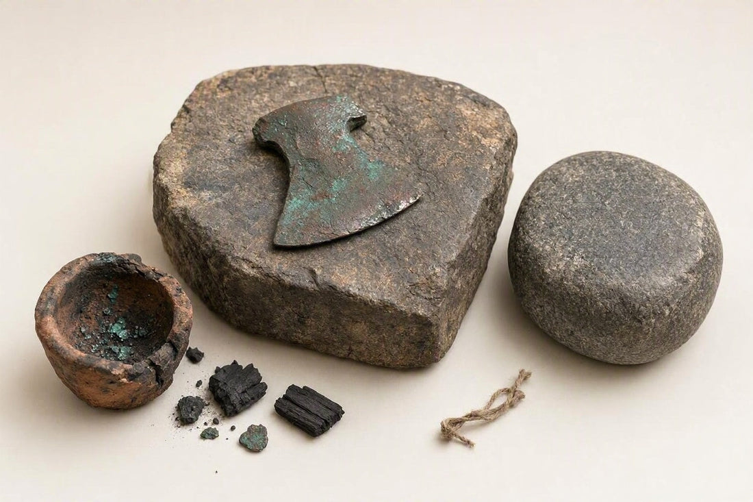 Wissenschaftliche Rekonstruktion eines kupferzeitlichen Arbeitsplatzes mit Tontopf für Glut, Steinamboss und glühendem Kupfererz auf einem weißen Museumshintergrund.