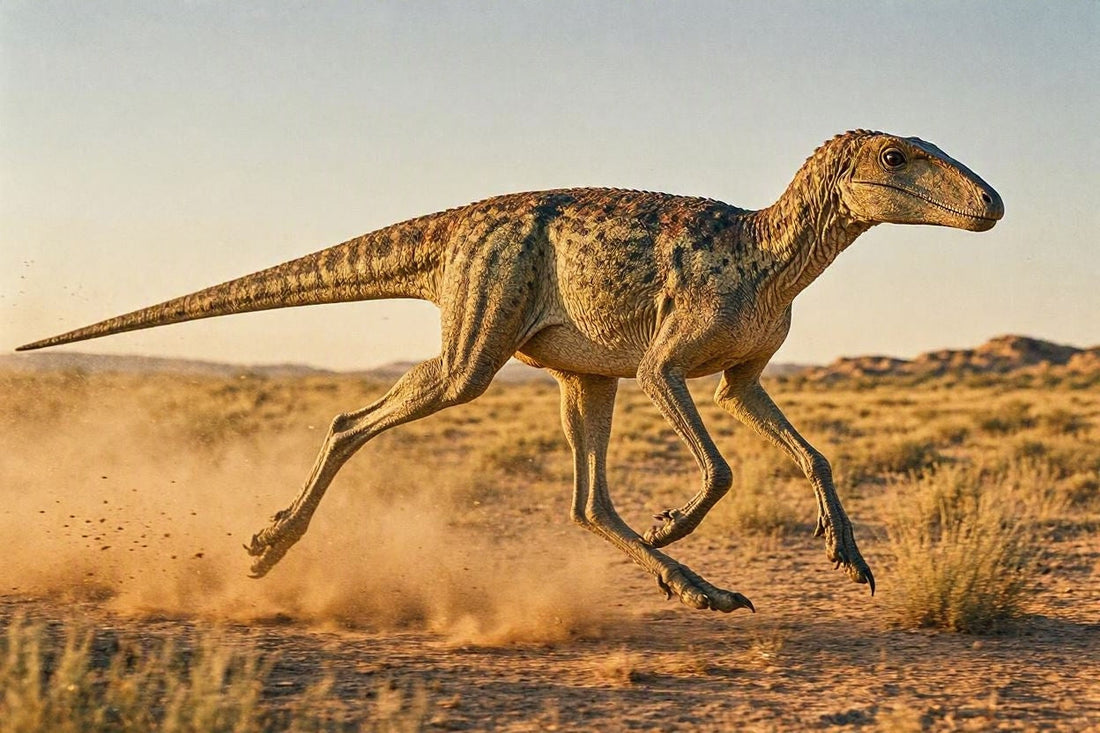 Fotorealistische Ganzkörperaufnahme eines schlanken Deltadromeus-Dinosauriers, der mit hoher Geschwindigkeit durch eine marokkanische Savanne rennt.