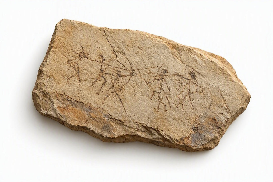Wissenschaftliche Rekonstruktion eines verwitterten Sandstein-Fragments mit prähistorischer Felsmalerei von Steinzeit-Jägern mit Pfeil und Bogen, präsentiert auf einem sterilen, weißen Museumshintergrund.