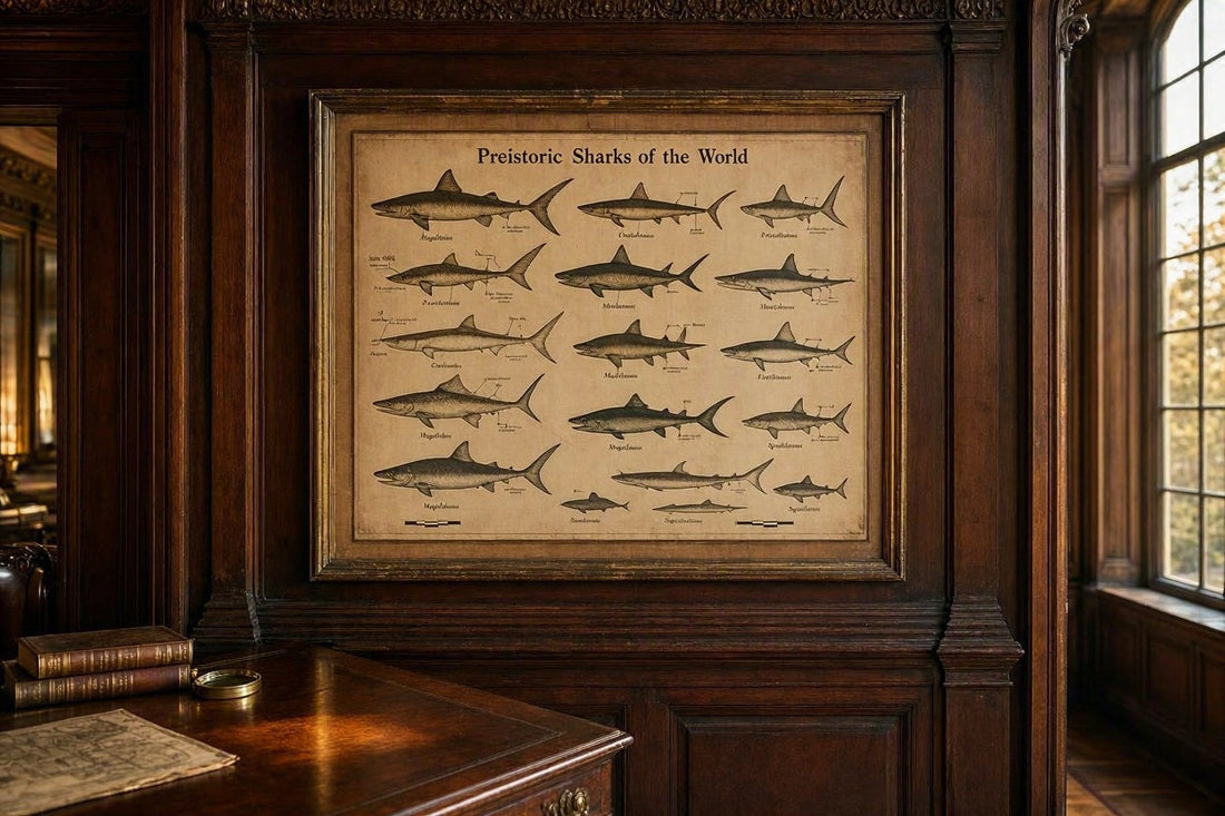 Fotorealistische Rekonstruktion einer historischen Urzeit-Haifisch-Lehrtafel an einer dunklen Holzwand in einer Herrenhaus-Bibliothek.