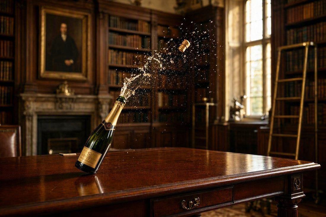 Fotorealistische Hochgeschwindigkeitsaufnahme einer aufploppenden Champagnerflasche mit goldener Fontäne zur feierlichen Eröffnung von Nautilus Natural History.