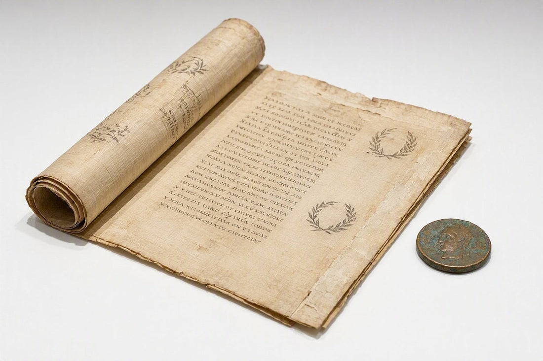 Wissenschaftliche Rekonstruktion einer antiken römischen Papyrus-Schriftrolle mit lateinischen Texten neben einer originalen Bronzemünze auf einem sterilen, weißen Museumshintergrund.