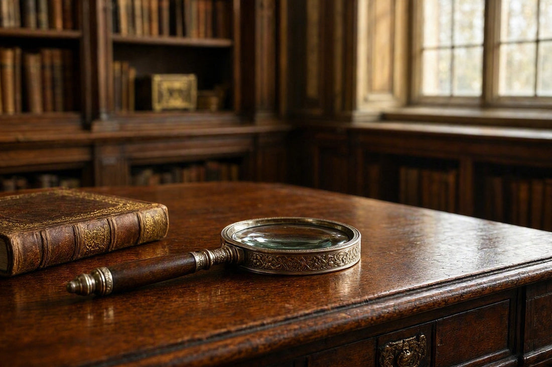 Fotorealistische Rekonstruktion einer historischen Herrenhaus-Bibliothek mit einer Vintage-Lupe zur Echtheitsprüfung und Qualitätsbestimmung von Fossilien.