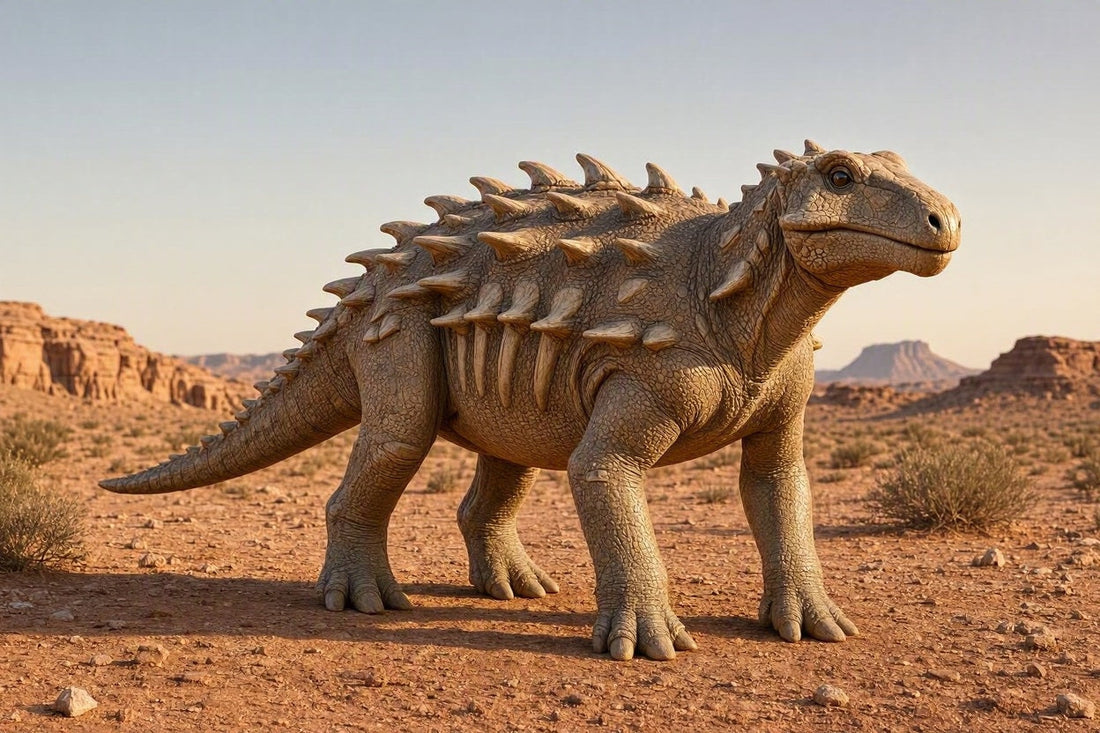 Rekonstruktion des gepanzerten Dinosauriers Spicomellus afer in einer prähistorischen Landschaft im Jura.