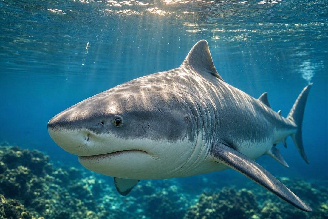 Moderne National Geographic Unterwasser-Fotografie eines massiven, lebenden Otodus obliquus Urzeithais über hellem Sandboden.