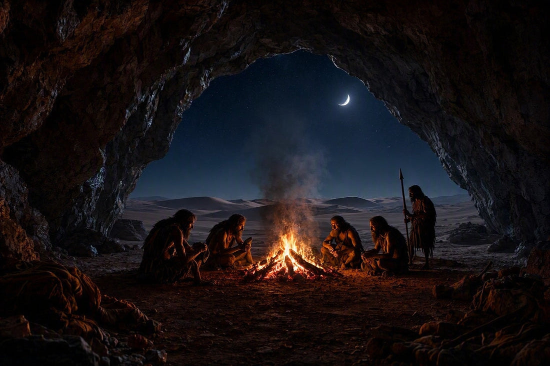 Cineastische Rekonstruktion einer Gruppe von Homo erectus Frühmenschen der Acheuléen-Kultur, die nachts um ein glühendes Lagerfeuer am Eingang einer dunklen Steinzeit-Höhle in der Sahara-Wüste sitzen.