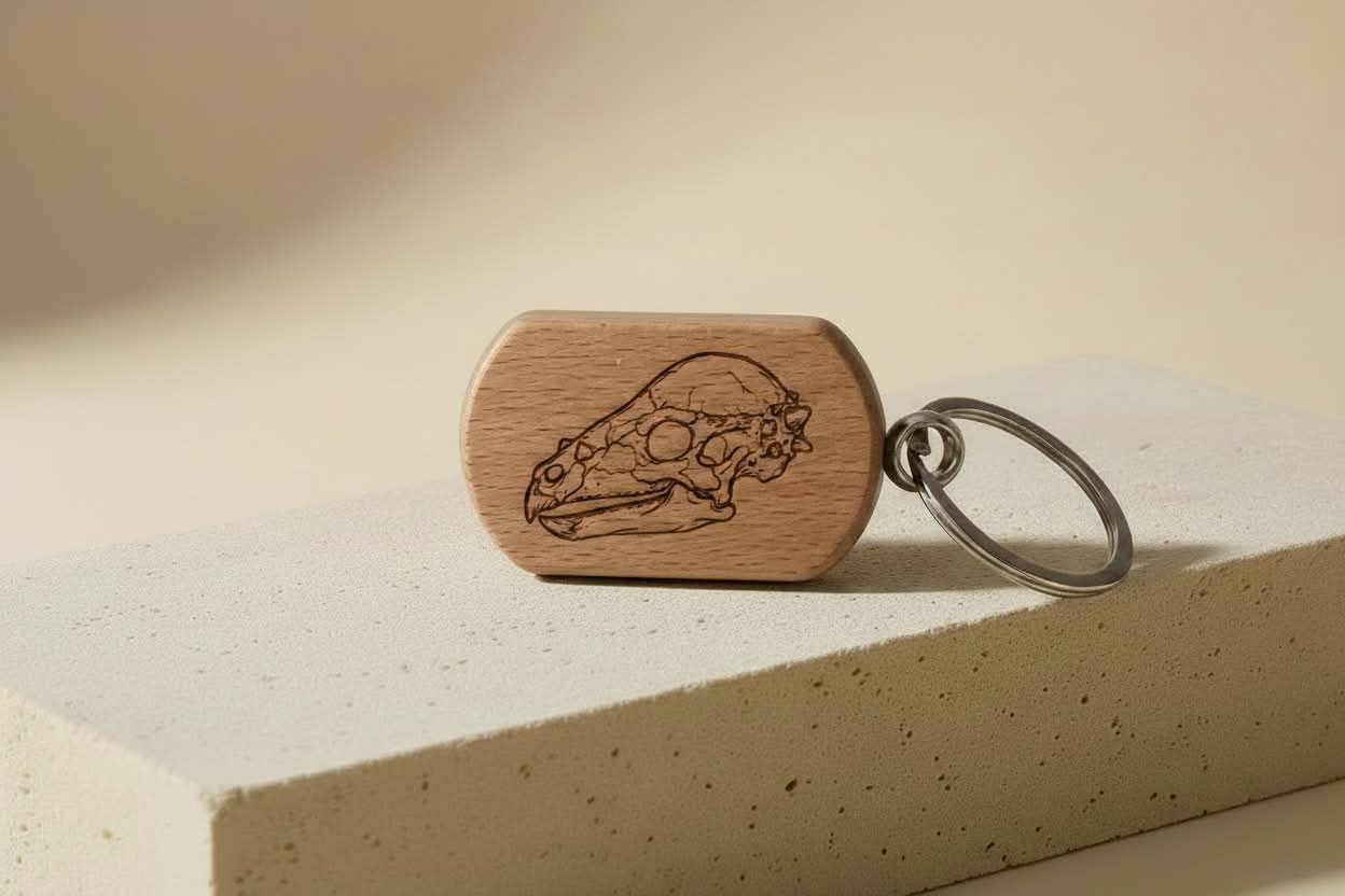 Holz-Schlüsselanhänger mit lasergraviertem Pachycephalosaurus wyomingensis Schädel
