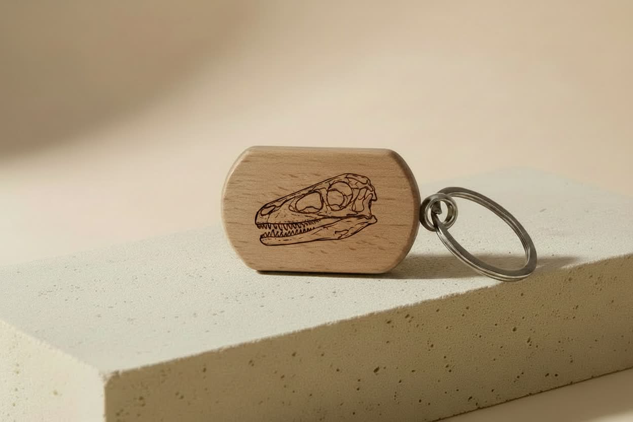 Holz-Schlüsselanhänger mit lasergraviertem Velociraptor mongoliensis Schädel