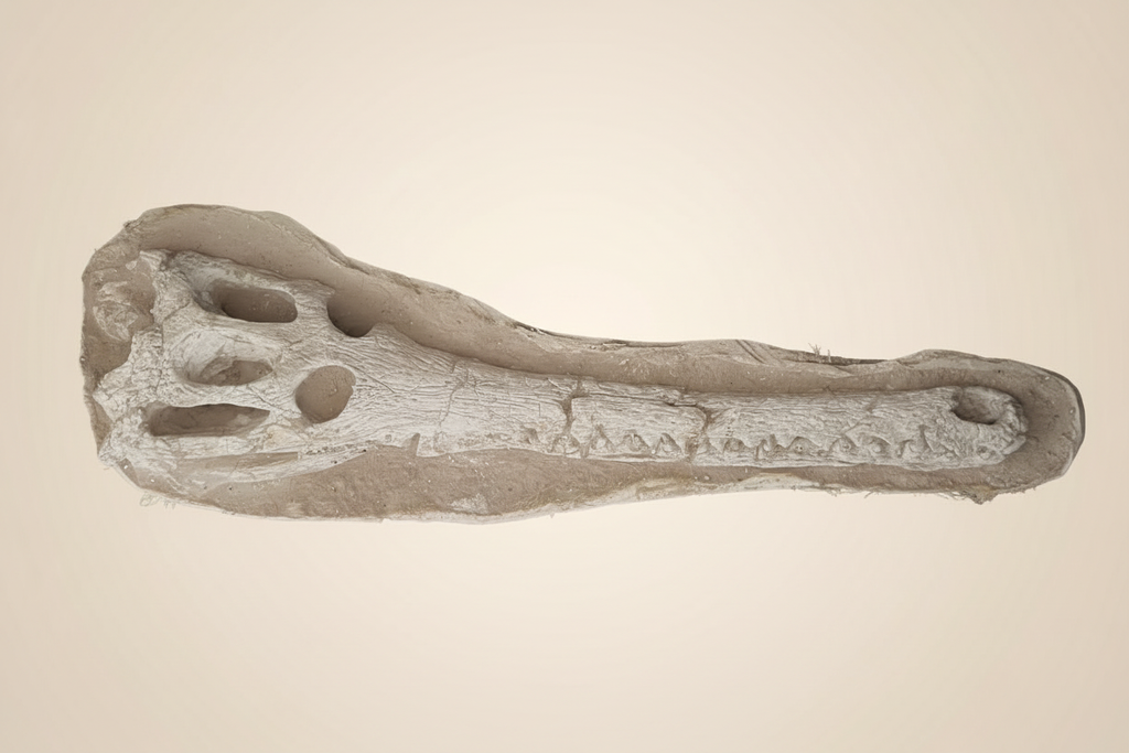 Detailansicht der fossilen Knochenstruktur und der Zähne eines echten Dyrosaurus-Schädels in der beige-braunen Gesteinsmatrix.