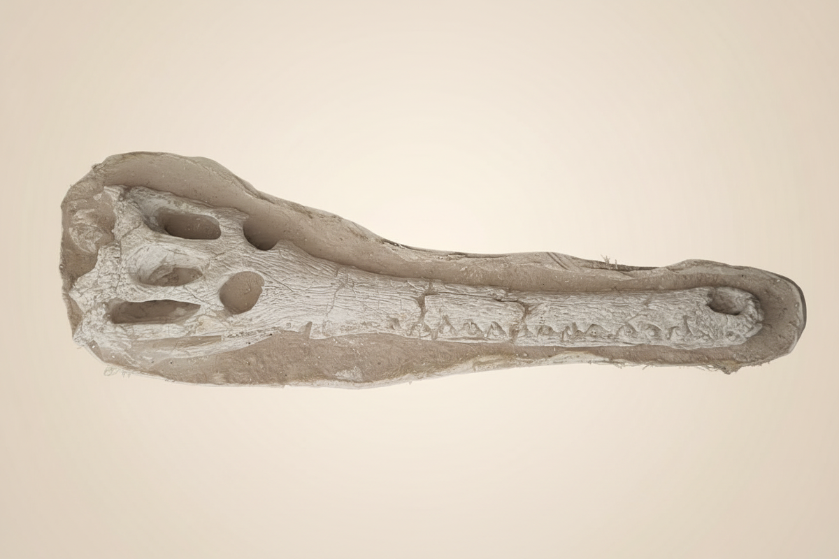 Detailansicht der fossilen Knochenstruktur und der Zähne eines echten Dyrosaurus-Schädels in der beige-braunen Gesteinsmatrix.