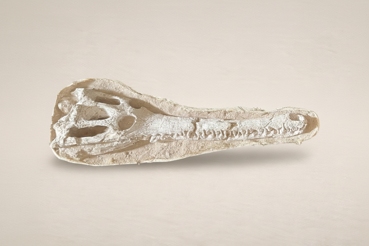 Vollständige Aufnahme des langen, fossilen Dyrosaurus-Schädels auf einer Präsentationsfläche in der Schrägansicht von oben.