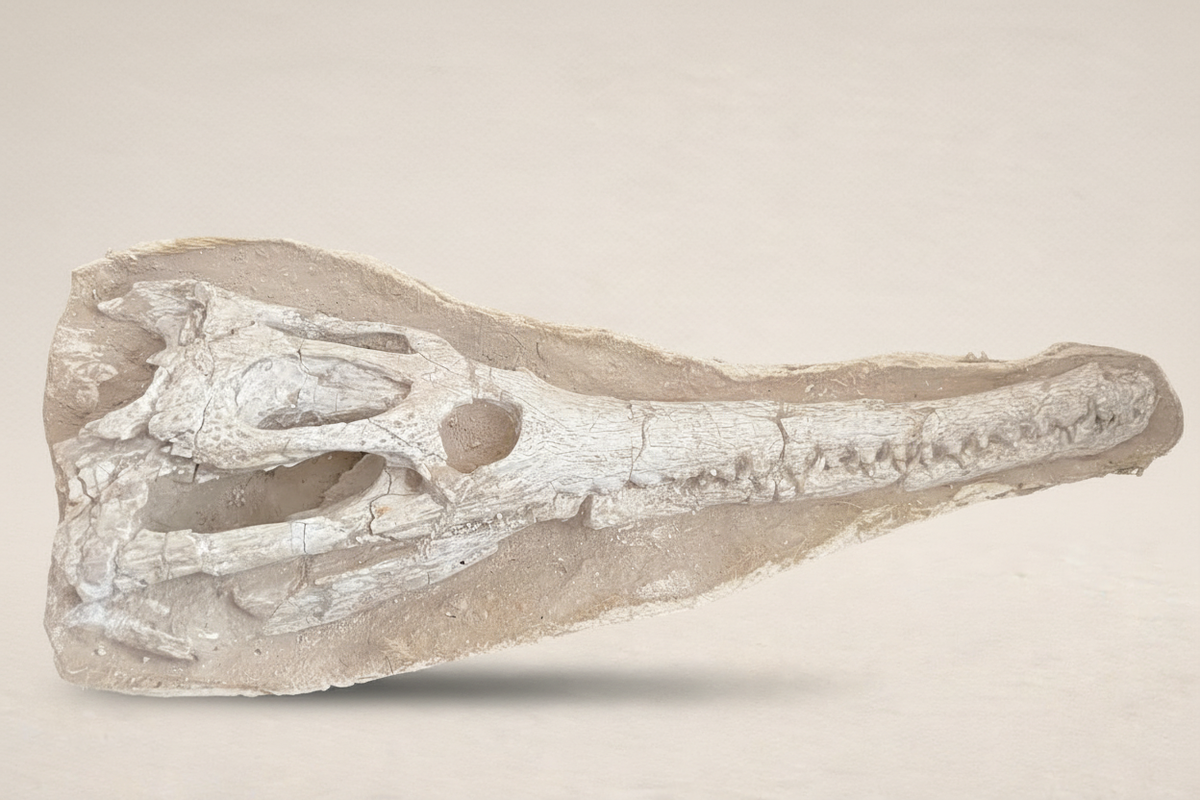 Der fossile Schädel des Urzeit-Krokodils Dyrosaurus in der direkten, symmetrischen Draufsicht von oben zur Darstellung der gesamten Kieferlänge.