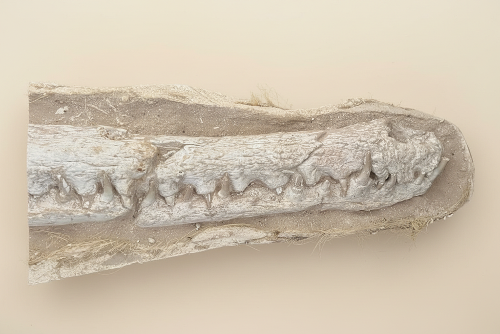 Makro-Produktbild der fossilen Oberflächenstrukturen und Gesteinsmatrix des Dyrosaurus-Schädels aus den marokkanischen Phosphatablagerungen.