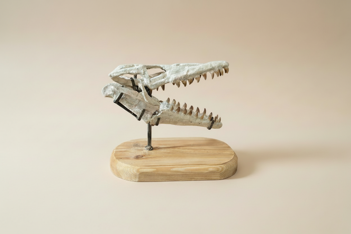 Detailaufnahme eines echten Mosasaurus-Fossilschädels in der Profilansicht von der rechten Seite vor hellem Hintergrund.