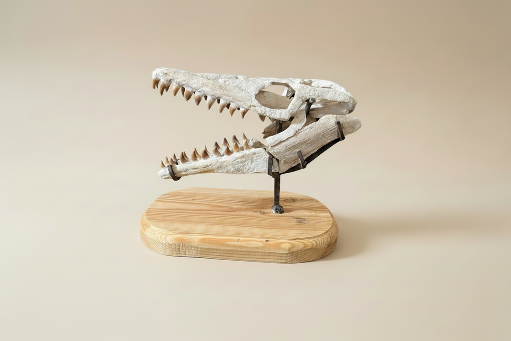Nahaufnahme eines fossilen Mosasaurus-Schädels auf einem Ausstellungsständer in der Profilansicht von der linken Seite.