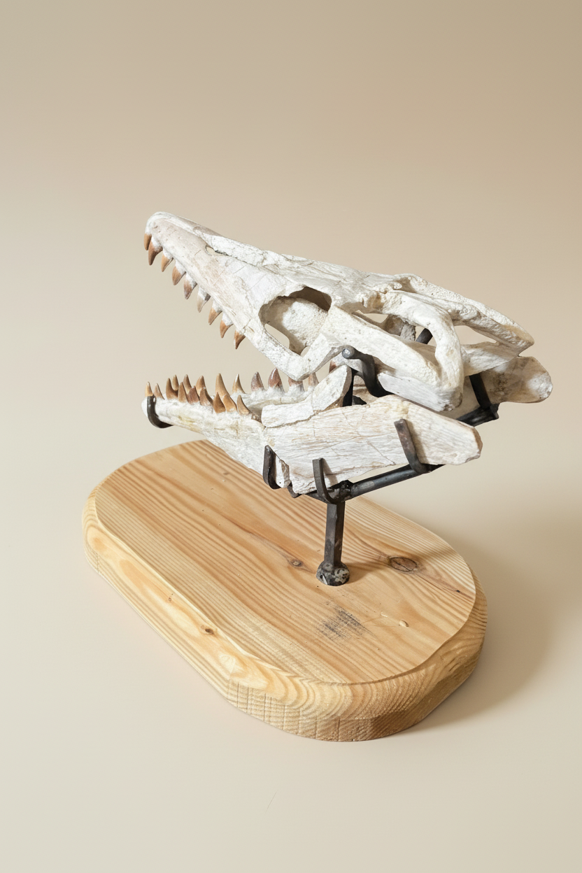 Fossiler Mosasaurus-Schädel in der dreidimensionalen Seitansicht von schräg vorne, hebt die markanten Zähne und die Knochenstruktur hervor.