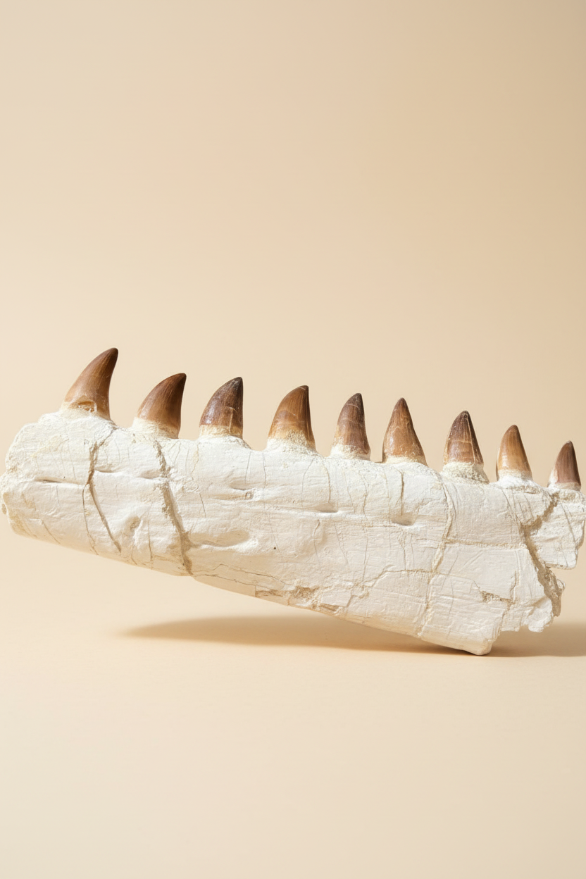 Detailansicht der fossilen Mosasaurus-Zähne und ihrer natürlichen Zahnkronen in der beigen Gesteinsmatrix.