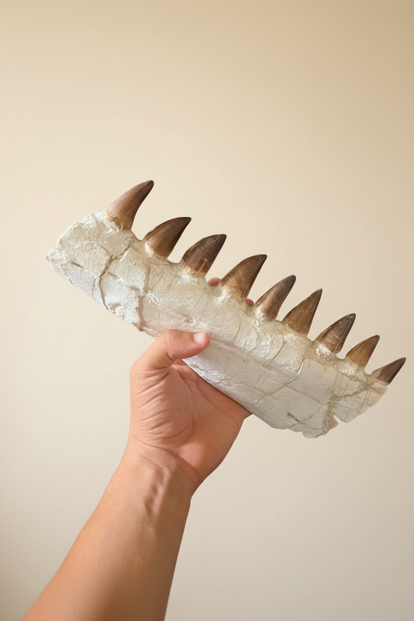 Schräge Profilaufnahme des 32 cm Mosasaurus-Kieferfossils zur Veranschaulichung der Knochenstruktur im Sedimentbett.