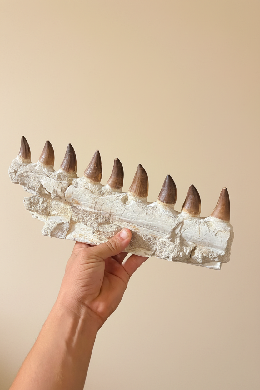 Foto des fossilen Mosasaurus-Kiefers in den Händen gehalten zur Veranschaulichung der kompakten Größe von 32 Zentimetern.