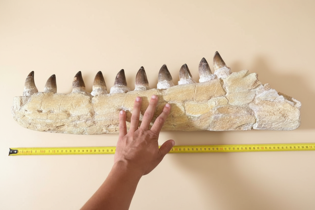 Nahaufnahme des fossilen Kieferastes des Meeresreptils Mosasaurus zur Veranschaulichung der Textur der beigen Gesteinsmatrix.