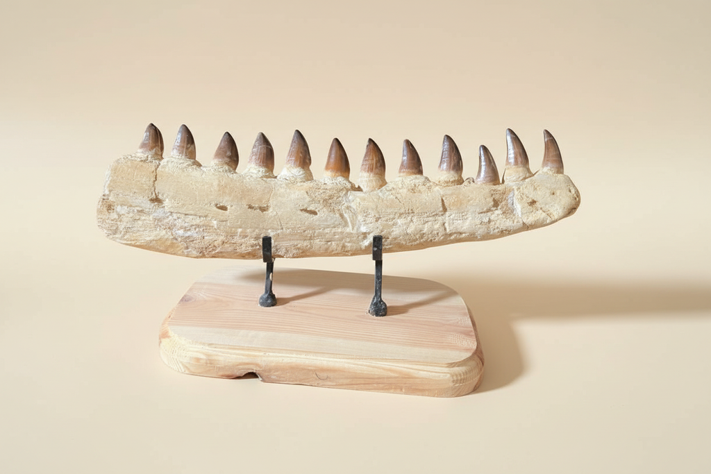 Produktbild eines 52 cm langen fossilen Mosasaurus-Kiefers mit eingesetzten echten Zähnen, präsentiert auf einem hellen Holzständer.