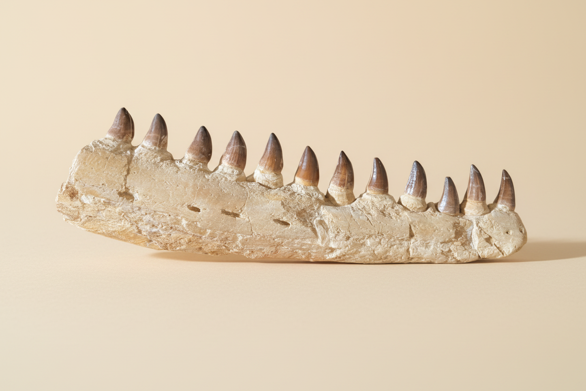 Schräge Draufsicht auf das marokkanische Mosasaurus-Kieferfossil zur Darstellung der Zahnkronen und der Sedimentdicke.