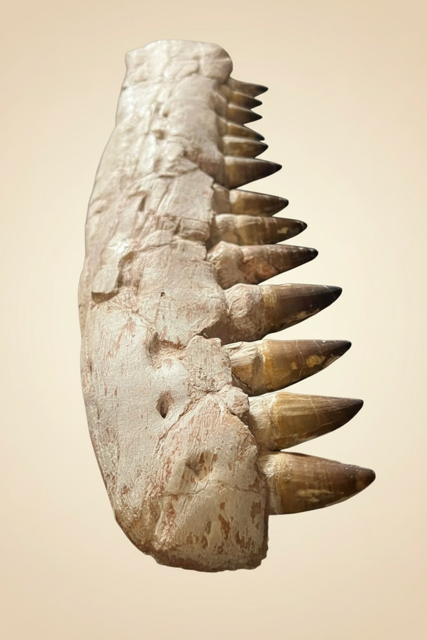 Flache Profilaufnahme des 52 cm Mosasaurus-Kiefers zur Darstellung der vollständigen Länge des Fossils im Sedimentbett.