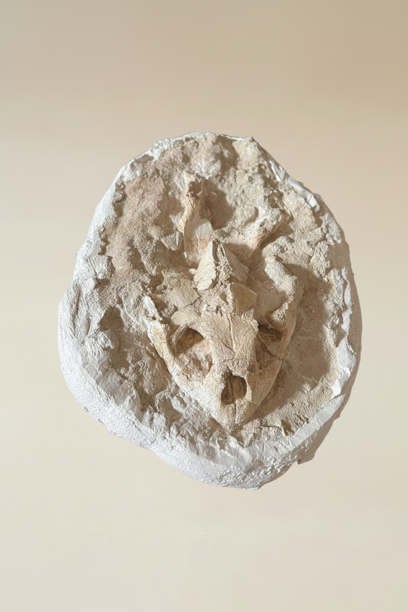 Fossiler Schildkrötenschädel der Art Lytoloma elegans, eingebettet in die natürliche beige Gesteinsmatrix aus Khouribga.