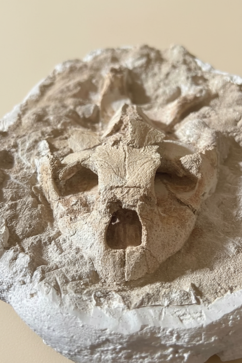 Detailansicht der Oberseite des fossilen Schildkrötenschädels mit gut erkennbaren Knochenstrukturen im Sediment.
