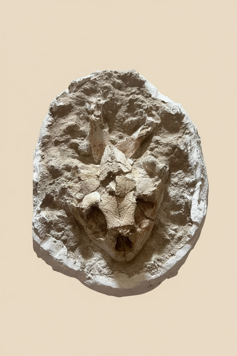 Seitliche Profilansicht des Lytoloma-elegans-Fossils zur Darstellung der Verbindung zwischen Ober- und Unterkiefer.