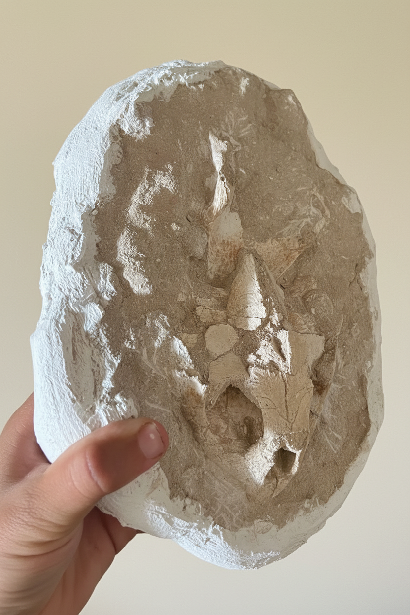 Makro-Aufnahme der fossilen Knochensubstanz des Schildkrötenschädels in der originalen marokkanischen Matrix.