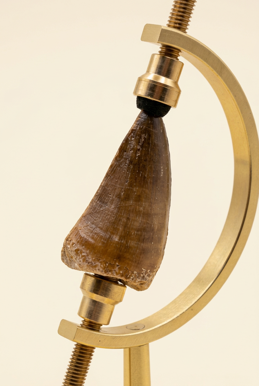 Detailansicht des Mosasauruszahns mit goldener Halterung