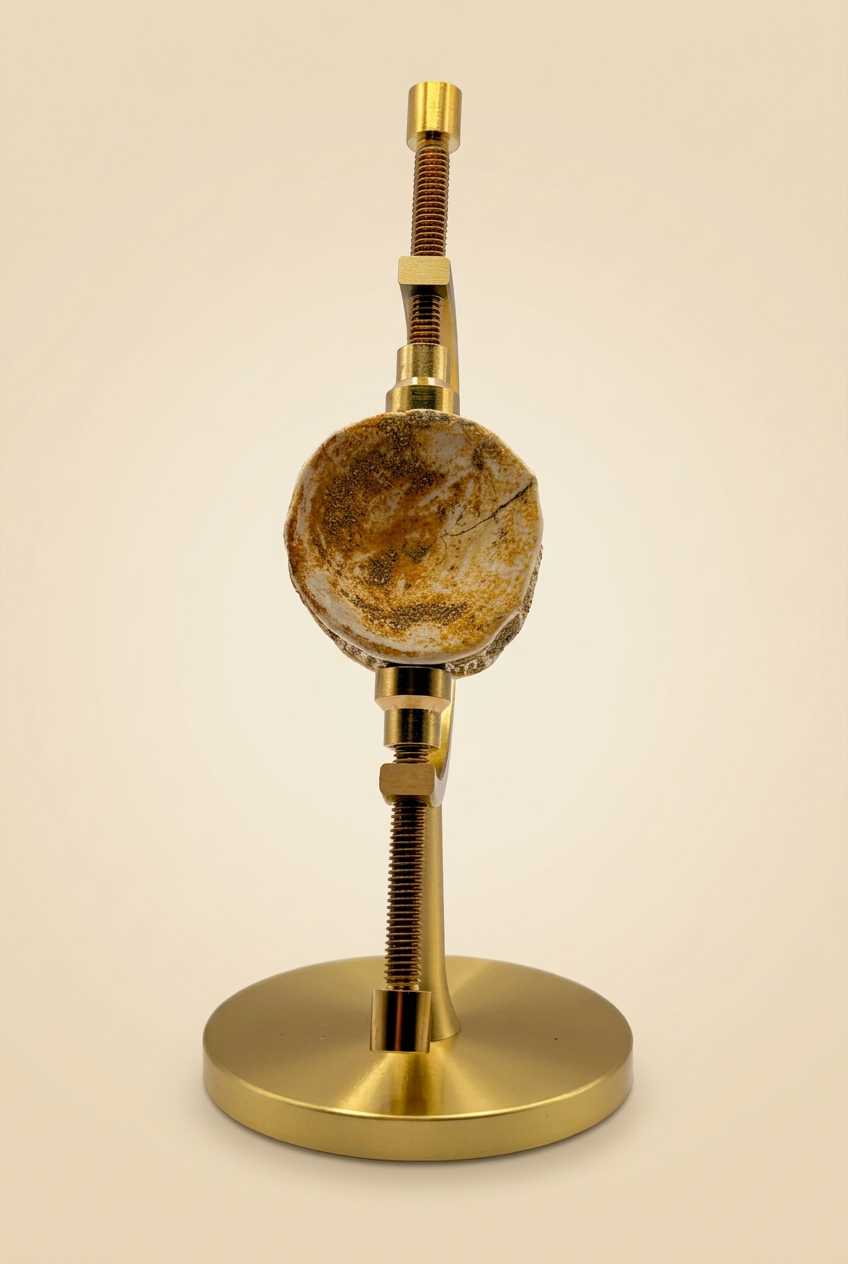 Fossil auf goldener Halterung mit warmem Creme-Beige-Hintergrund