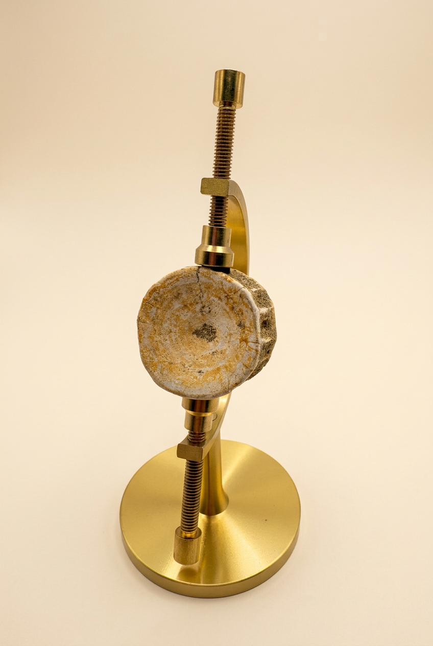 Fossil mit goldener Halterung vor cremefarbenem Hintergrund