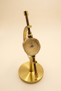 Fossil mit goldener Halterung vor warmem Creme-Beige-Hintergrund