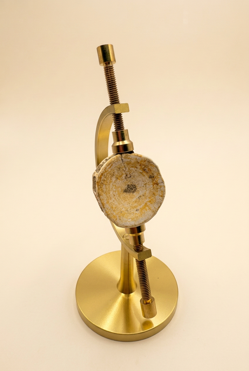 Fossil mit goldener Halterung vor warmem Creme-Beige-Hintergrund