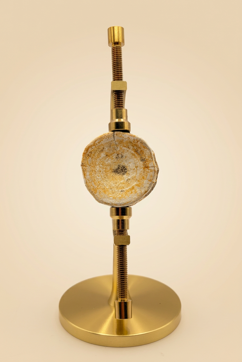 Fossil mit goldener Halterung vor warmem Creme-Beige-Hintergrund