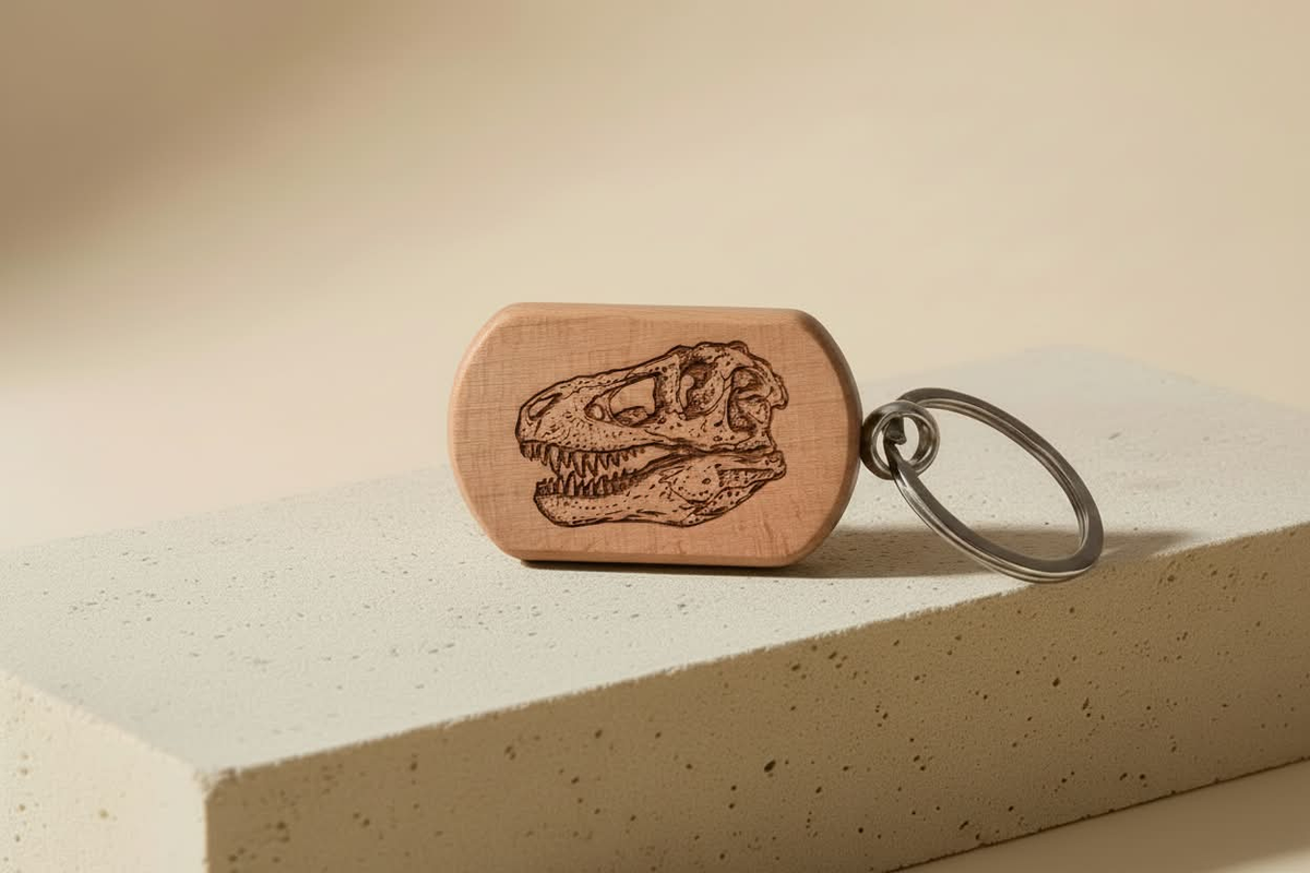 Holz-Schlüsselanhänger mit lasergraviertem Tyrannosaurus rex Schädel